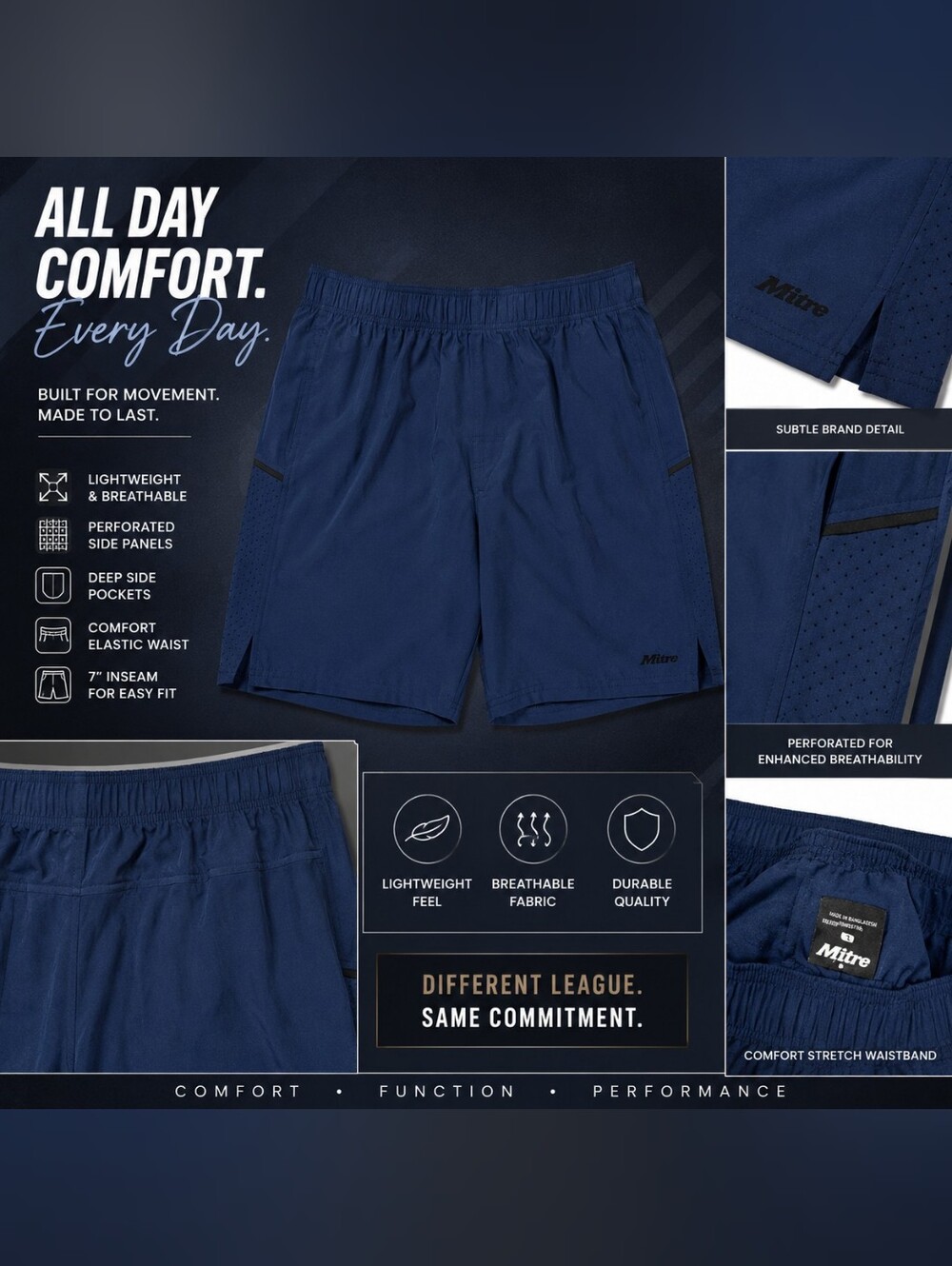 Mitre Men’s Navy Athletic Shorts – Lightweight Breathable Performance